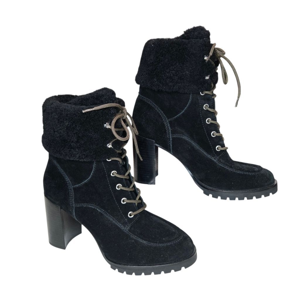 PAIGE Nina Black Suede Shearling Heeled Boots